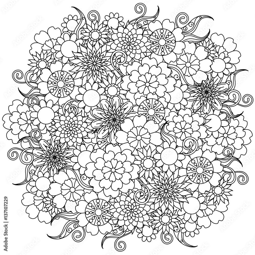 Black and white sketch of flower background, stylized flowers for anti stress coloring page, stock vector illustration Black and white sketch of flower background, stylized flowers for anti stress coloring page, stock vector illustration