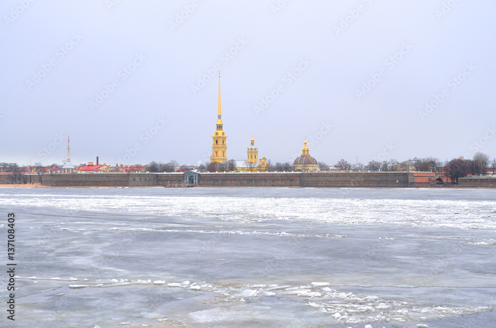 Frozen River Neva and Peter Paul Fortress.