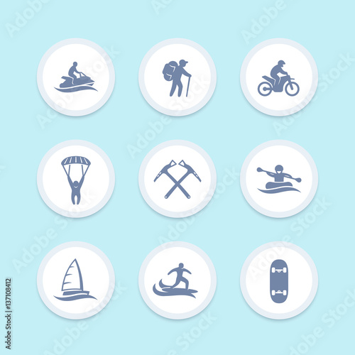 extreme outdoor activities icons set, skydiving, sailing, mountaineering, surfing, rafting