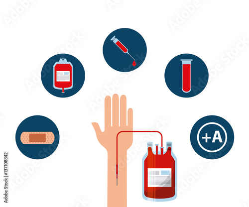 hand with blood bag and medical icons around over white background. donate blood icon set over white background. colorful design. vector illustration
