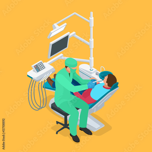 Isometric dentist examining mans teeth in the dentists chair. Medicine concept