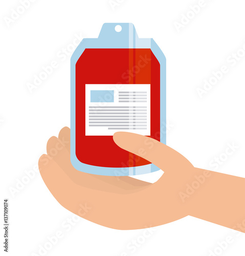 hand with blood bag over white background. donate blood concept. colorful design. vector illustration