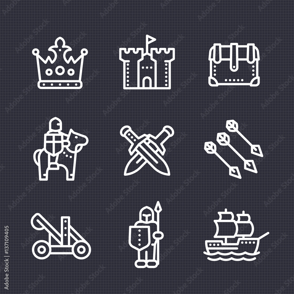 medieval war line icons set, knight, spearman, horseman, crown, castle, catapult, siege, sailing vessel medieval war line icons set, knight, spearman, horseman, crown, castle, catapult, siege, sailing vessel