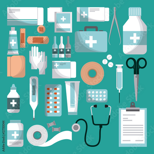 medicine equipment of first aid over turquoise background. colorful design. vector illustration