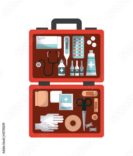 first aid box with medicine equipment over white background. colorful design. vector illustration