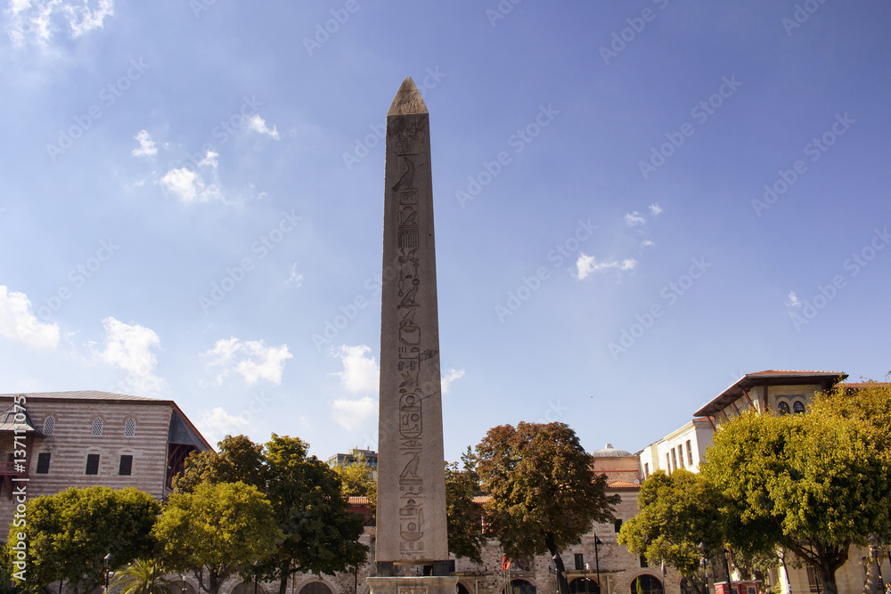 View of Egyptian obelisk with circa-1400 B.C. hieroglyphics, re-erected here in the 4th century A.D. in Sultanahmet area in Istanbbul