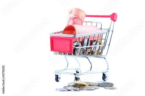 The concept of financial planning, Many of Malaysian coins in the troley isolate on white