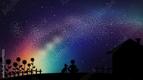 Vector motivational illustration. Inspirational hipster poster with summer space sky and boy with his dog pet silhouette. Night milky way with stars.