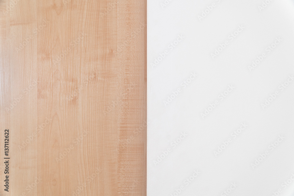 Half wooden , half white concrete plastered wall - two textures in one wallpaper split in the middle vertically 