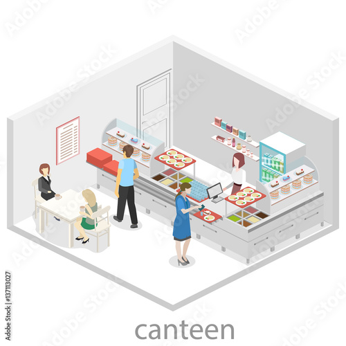 Isometric flat 3D concept vector interior of a coffee shop or canteen.