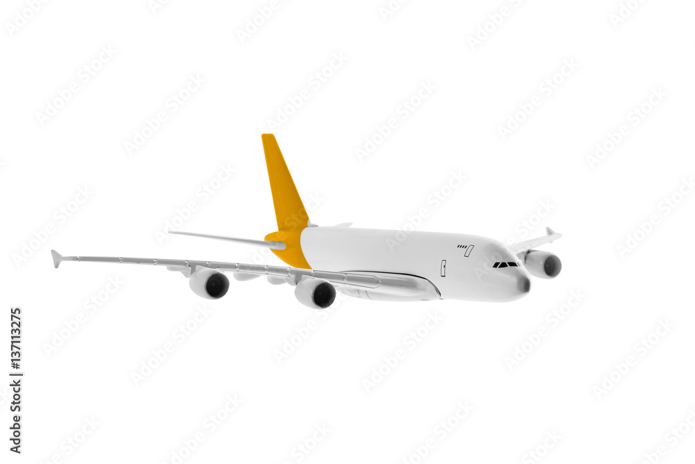 Airplane model with yellow color on tail isolated on white background