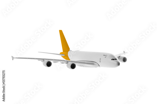 Airplane model with yellow color on tail isolated on white background