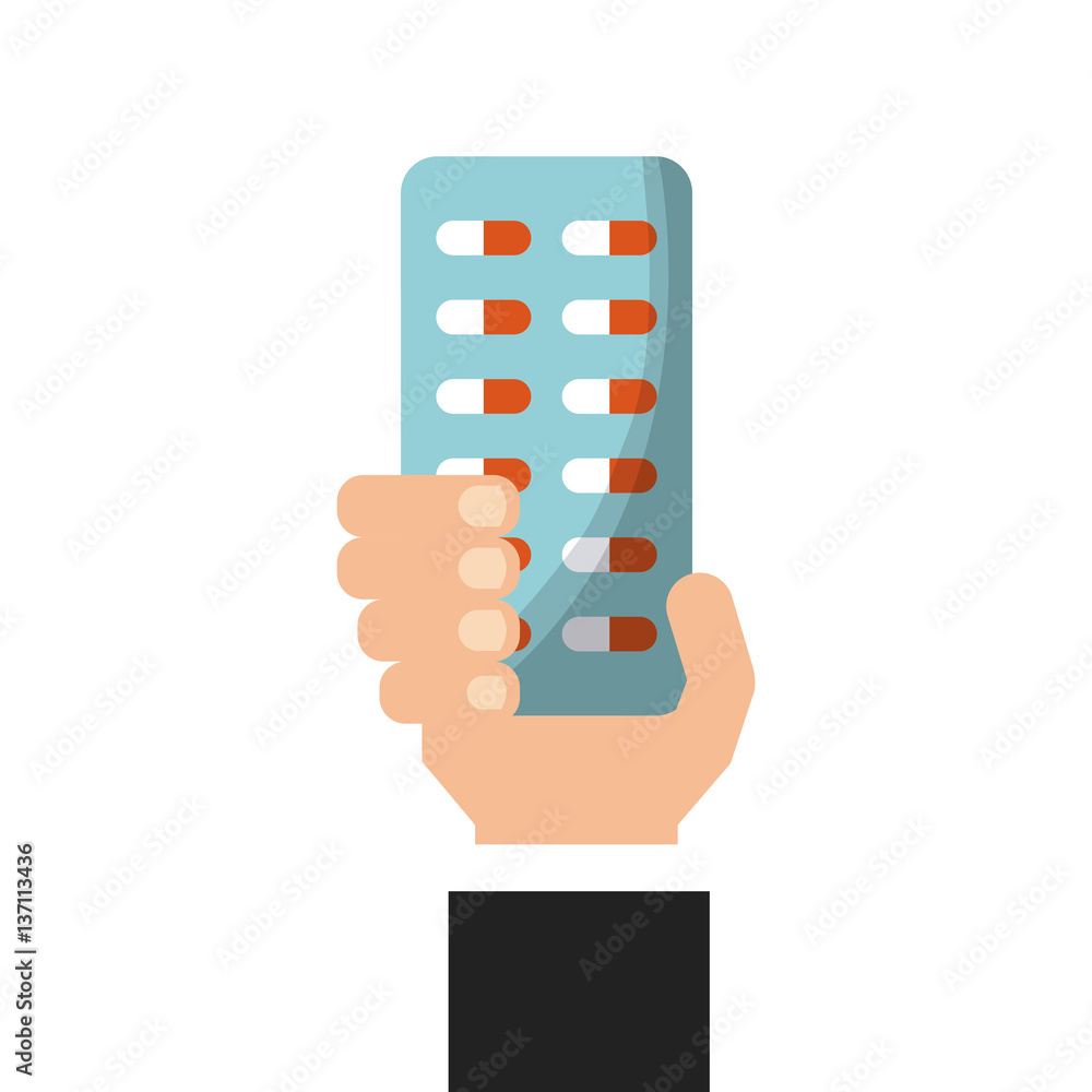 hand holding a pills over white background. first aid concept. colorful design. vector illustration hand holding a pills over white background. first aid concept. colorful design. vector illustration