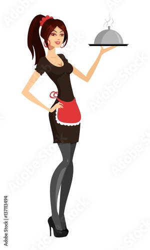 waitress carrying dinner with tray