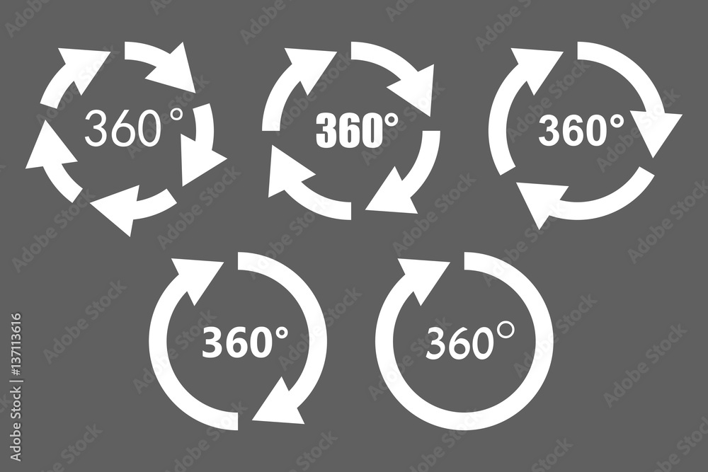 360 degree rotation arrow icon set. White arrows on grey background. Circular panorama photography icons. Used for virtual visit of popular place or virtual reality effects. Vector illustration