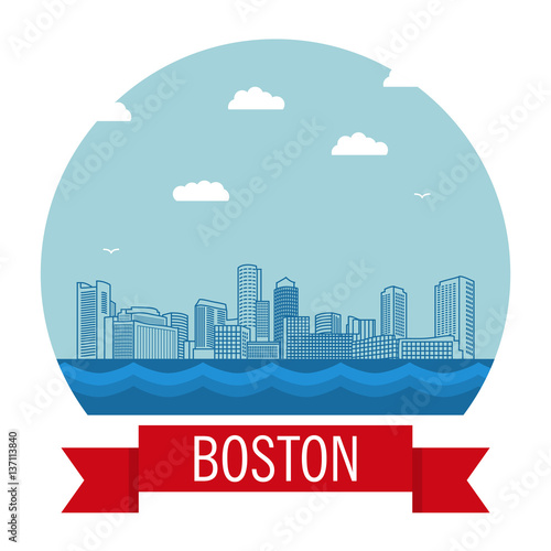 Flat city landscape on water.Cityscape building line Boston City.