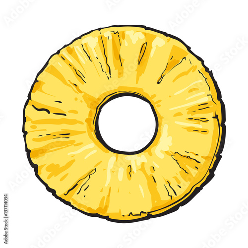 Peeled round pineapple slice with hole in the middle, top view, sketch style vector illustration isolated on white background. Realistic hand drawing of fresh, ripe pineapple slice