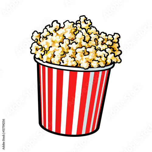 Cinema popcorn in a big red and white striped bucket, sketch style vector illustration isolated on white background. Popcorn bucket, traditional cinema, movie theatre attribute, food, snack