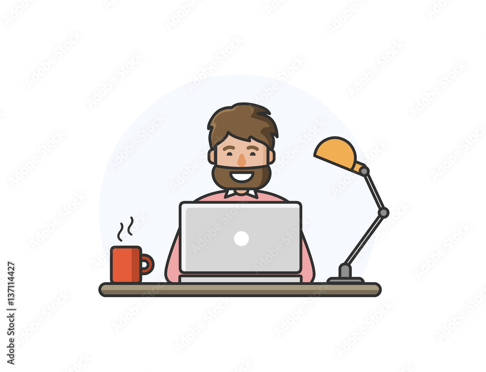 Vector illustration of happy man with beard working on computer. 