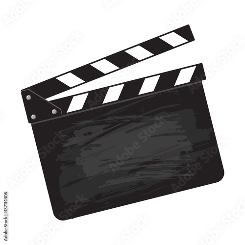 Blank cinema production black clapper board, sketch style vector illustration isolated on white background. Classical traditional cinema, motion picture production clapperboard, clapper board