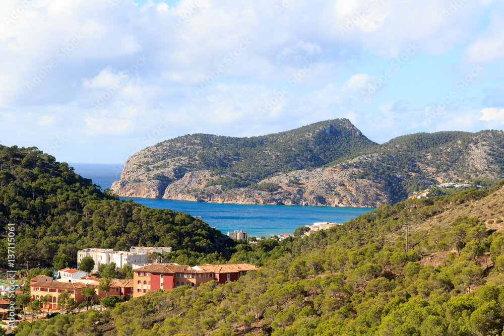 Majorca mountain panorama and Mediterranean Sea near Peguera, Spain