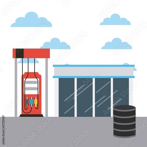 gas station and oil barrel. colorful design. vector illustration