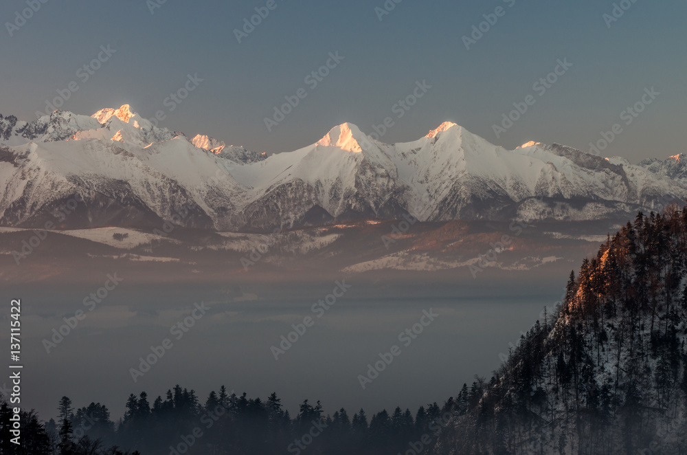 winter panorama from Pieniny to snowy Tatra mountains in the morning, Poland