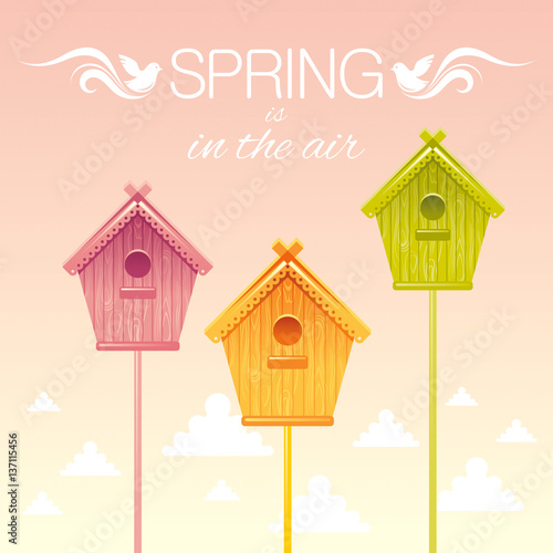 Nesting box birdhouse spring landscape vector illustration. Sunny sky view, wave lines pattern. Text lettering flat logo with flying starling birds. Nature cartoon poster.