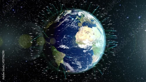 Earth seen from space with hundreds of animated satellites shown communicating with earth. Seamless loop of full rotaion photo