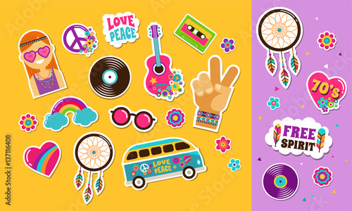 Hippie, bohemian stickers, pins, art fashion chic patches, pins, badges and icons