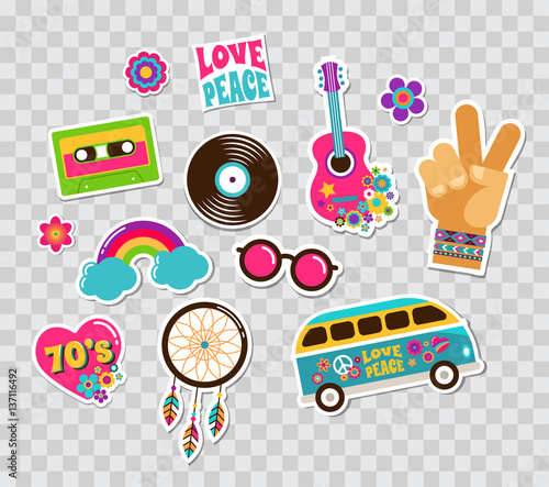 Hippie, bohemian stickers, pins, art fashion chic patches, pins, badges and icons