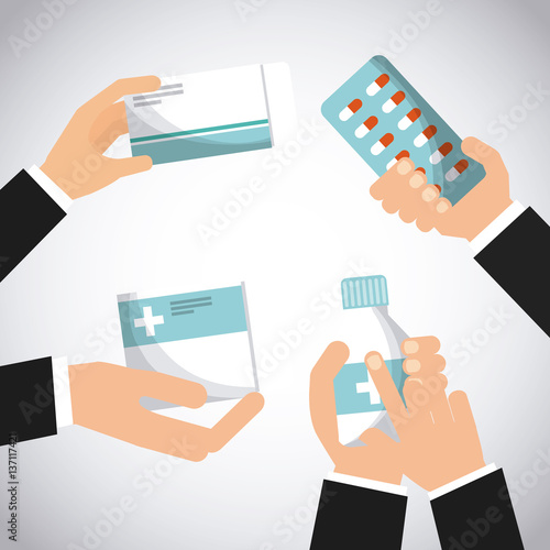 hand with first aid medicine equipment over white background. colorful design. vector illustration