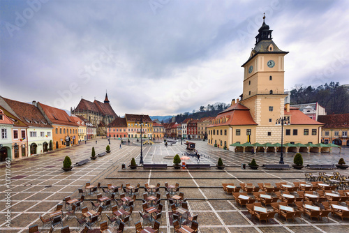 Photo of Brasov downtown square and streets with the famous black and orthodox churches, Romania