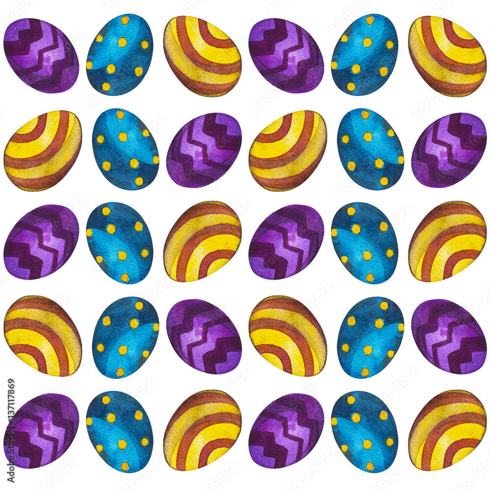 Easter background with eggs. Watercolor hand drawn on white background. Decorative pattern in bright colors.