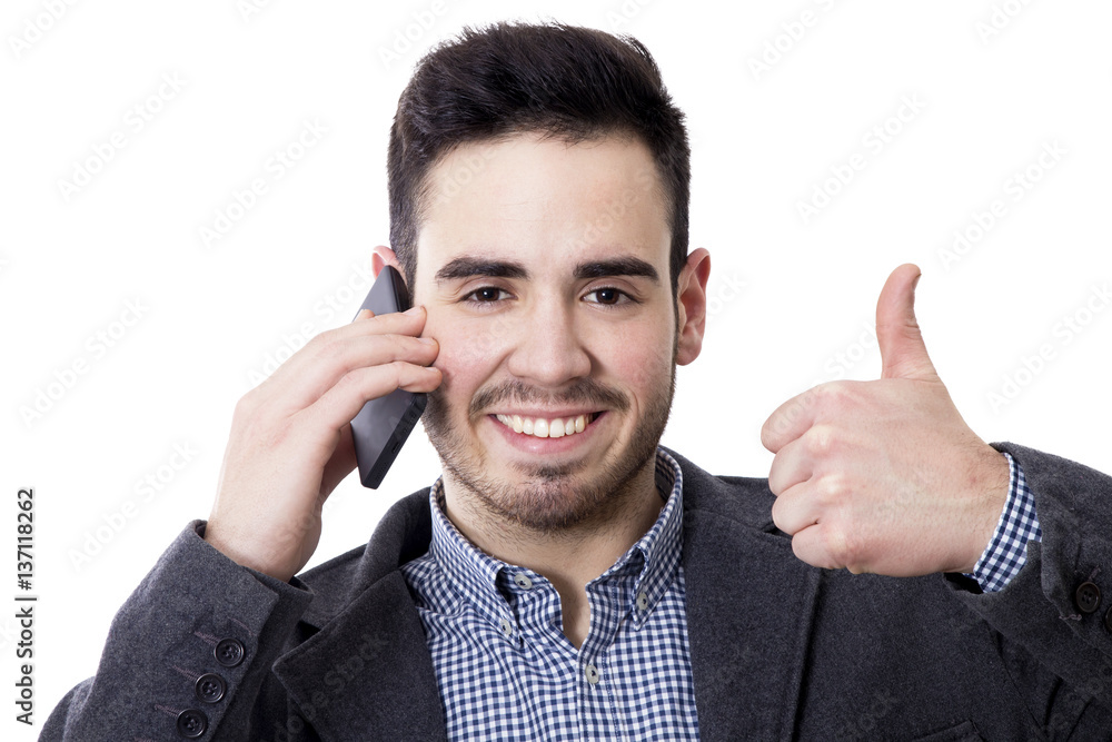 portrait of man of business speaking by phone mobile and the expression of ok portrait of man of business speaking by phone mobile and the expression of ok