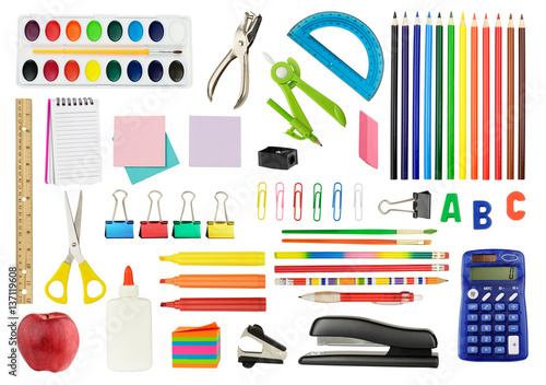 Collection of various school supplies, isolated on white background.