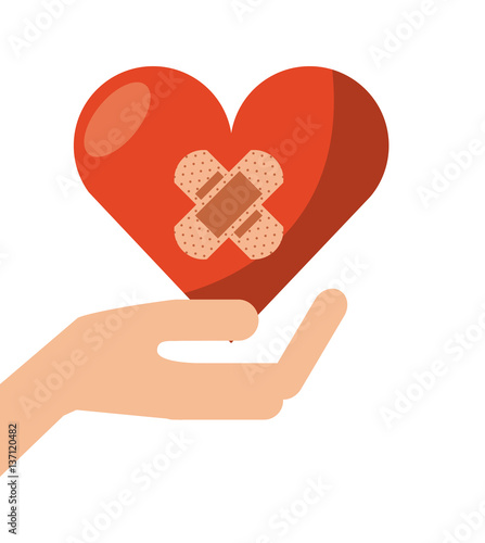 hand holding a heart with adhesive bandages over white background. donation blood concept. colorful design. vector illustration