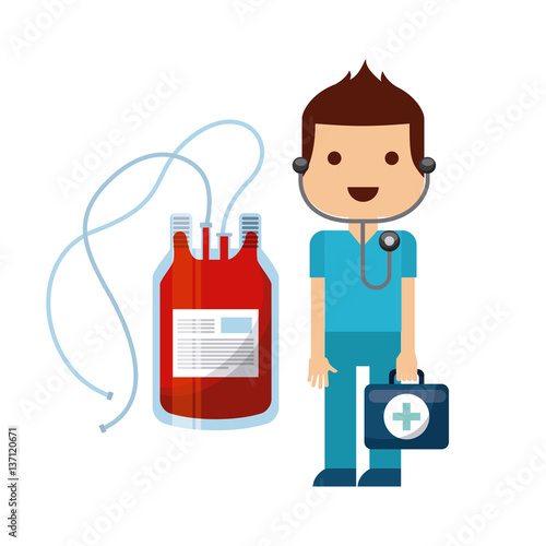 medical doctor with blood bag icon over white background. donation blood concept. colorful design. vector illustration