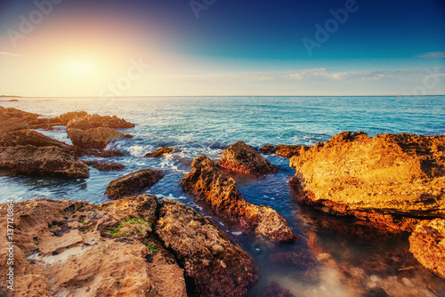 Scenic rocky coastline Cape Milazzo. Sicily, Italy.