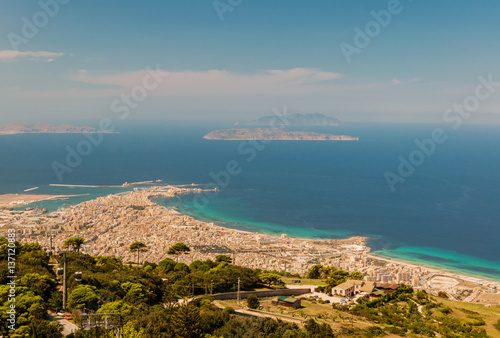 View from the Erice hill at the coast and city of Trapani in Sicily, Italy
