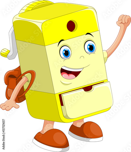 Vector illustration of cute cartoon pencil sharpener  with backpack 