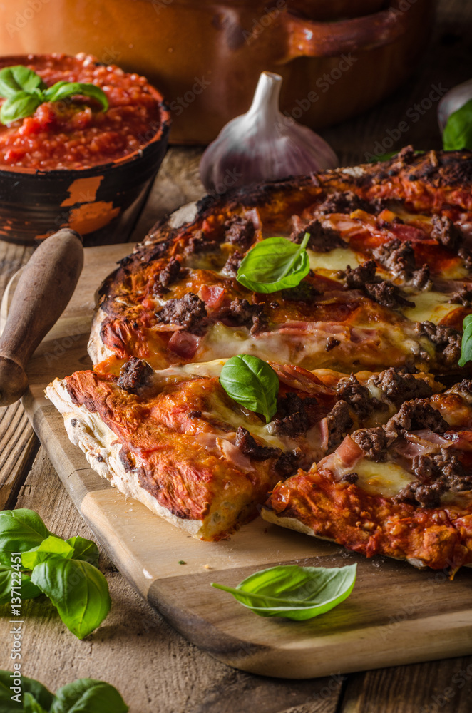 Rustic pizza with minced meat Rustic pizza with minced meat