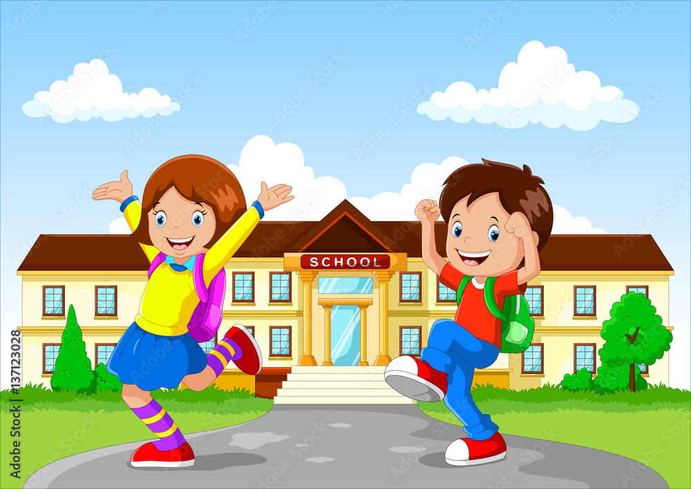 Happy school children with backpack on school building background Happy school children with backpack on school building background