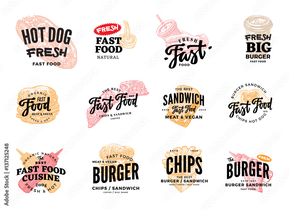Hand Drawn Fast Food Logotypes Set