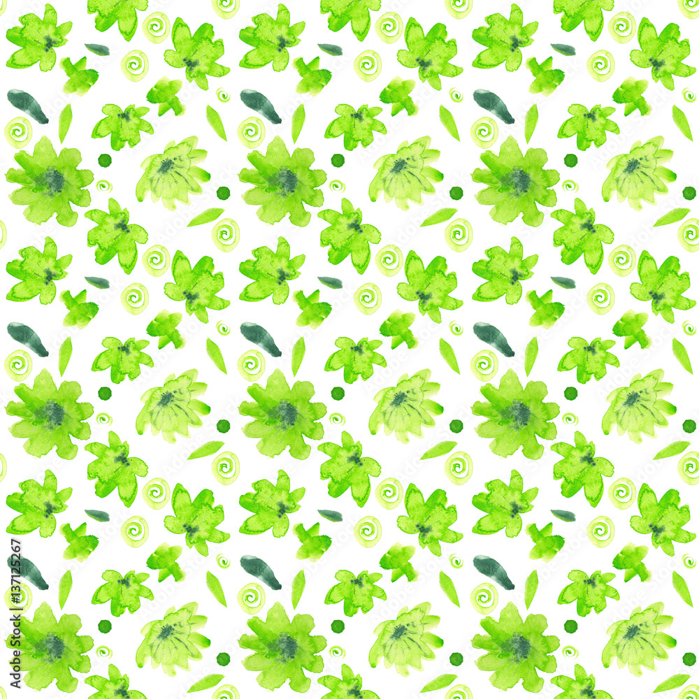 Green flowers pattern. Leaves, dots spirals and decorative elements. Seamless pattern on white background. Nice for sites and card decoration. Green flowers pattern. Leaves, dots spirals and decorative elements. Seamless pattern on white background. Nice for sites and card decoration.