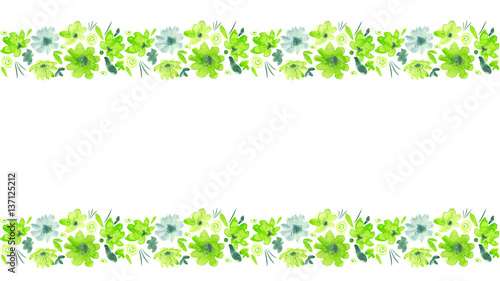 Green watercolor flowers border. Leaves, dots spirals and decorative elements. Seamless on white background. Nice for sites and card decoration.