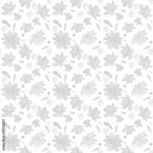 Grey flowers watercolor pattern. Leaves, dots spirals and decorative elements. Seamless pattern on white background. Monochrome light toned decoration.