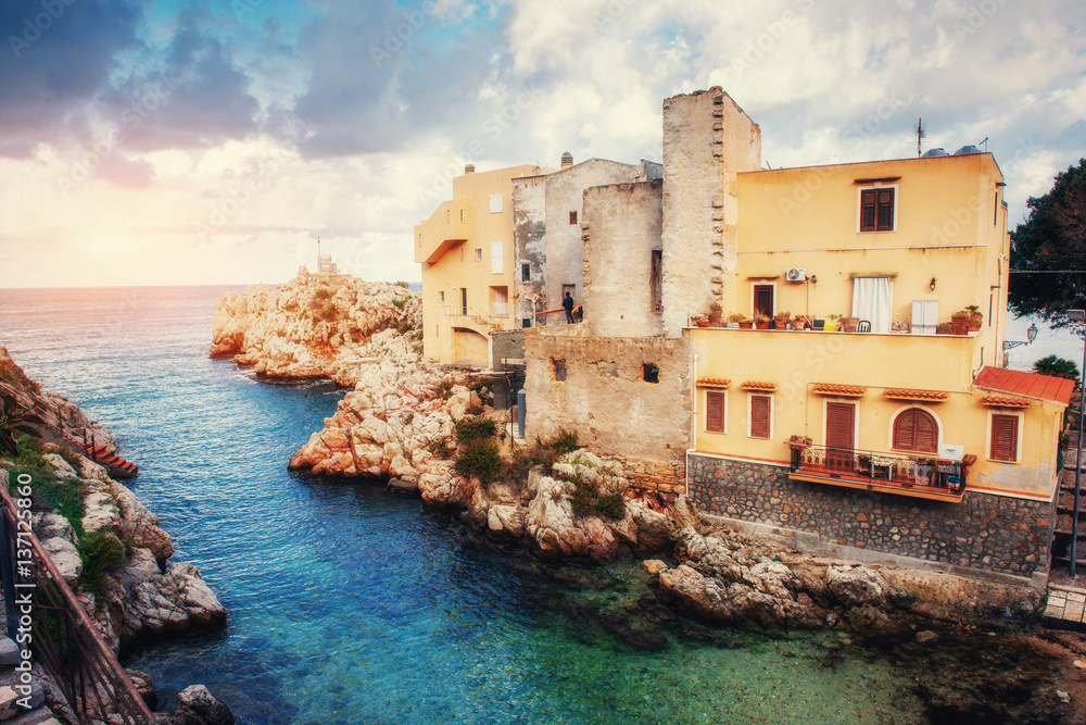 Scenic rocky coastline Cape Milazzo. Sicily Italy