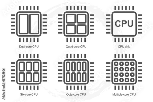 Processor Icon Set. Dual Quad Six Octa core cpu icons. Multi-core processor line icon. Main element of computer. Vector illustration. photo