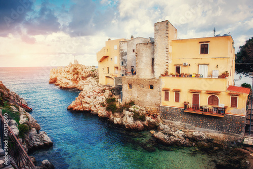 Scenic rocky coastline Cape Milazzo. Sicily Italy photo